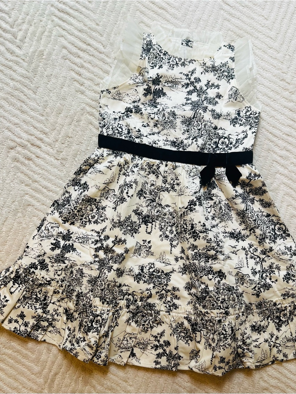 Janie and Jack Black and White Toile Dress with Velvet Waistband